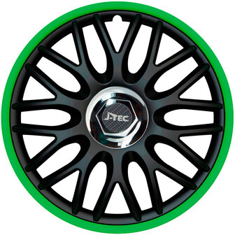 4-Delige J-Tec Wieldoppenset Orden R 16-inch zwart/groen + chroom ring