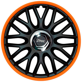 4-Delige J-Tec Wieldoppenset Orden R 16-inch zwart/oranje + chroom ring