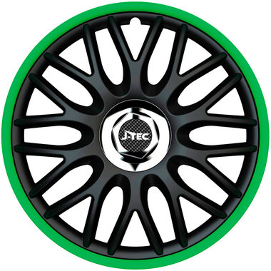 4-Delige J-Tec Wieldoppenset Orden R 14-inch zwart/groen + chroom ring